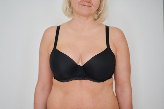 woman wearing Symmetrista's asymmetrical breast bra